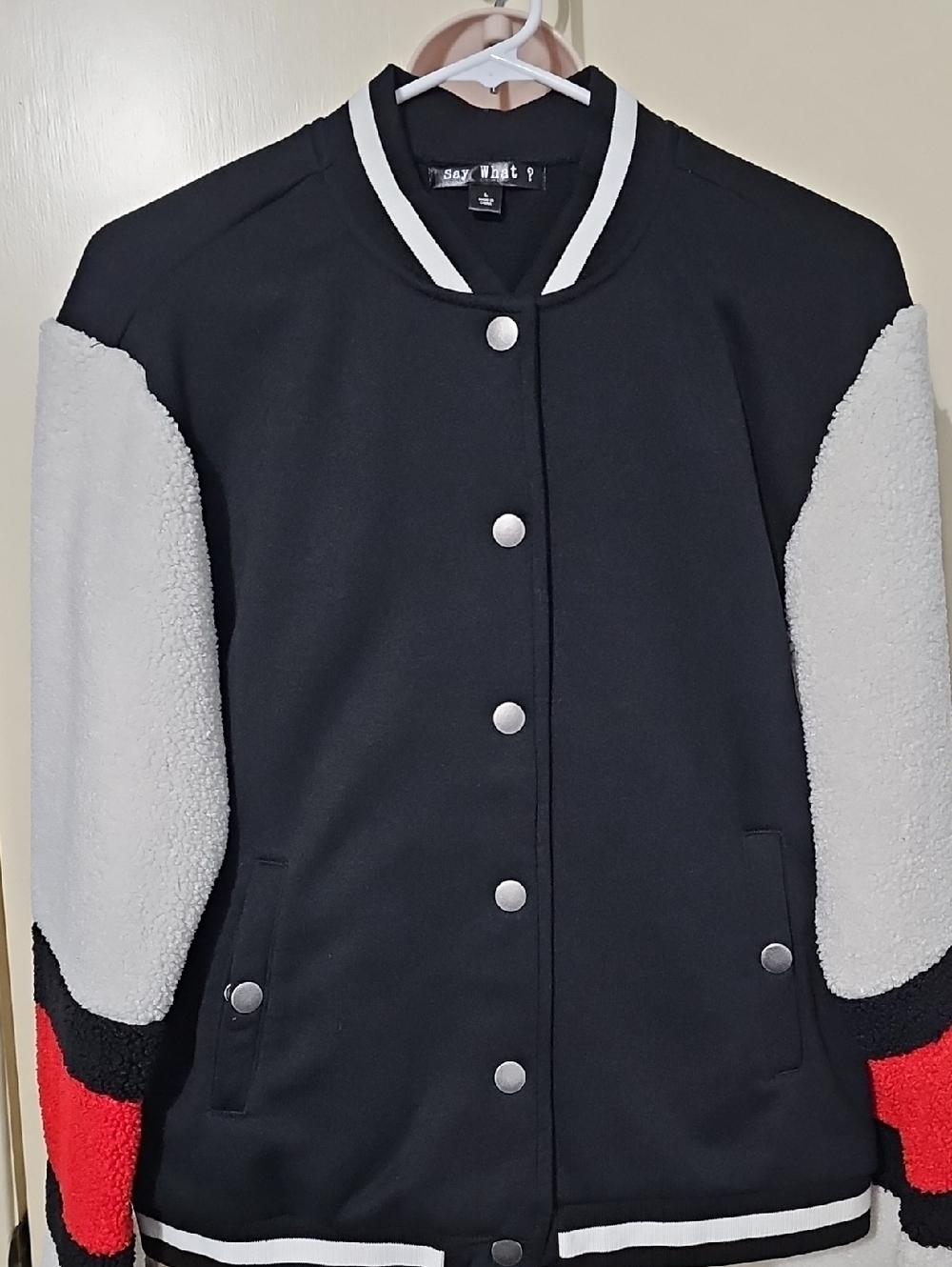 Say What? Black, White & Red Sherpa Varsity Jacket